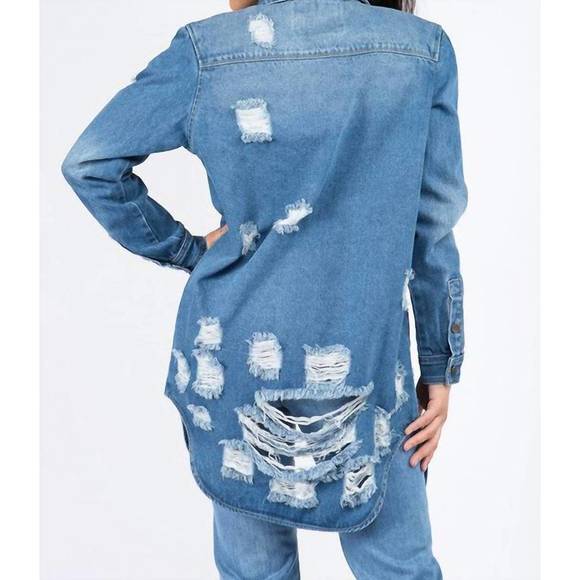 NEW AMERICAN BAZI candace ultra-distressed long denim shirt jacket in blue - Picture 2 of 3